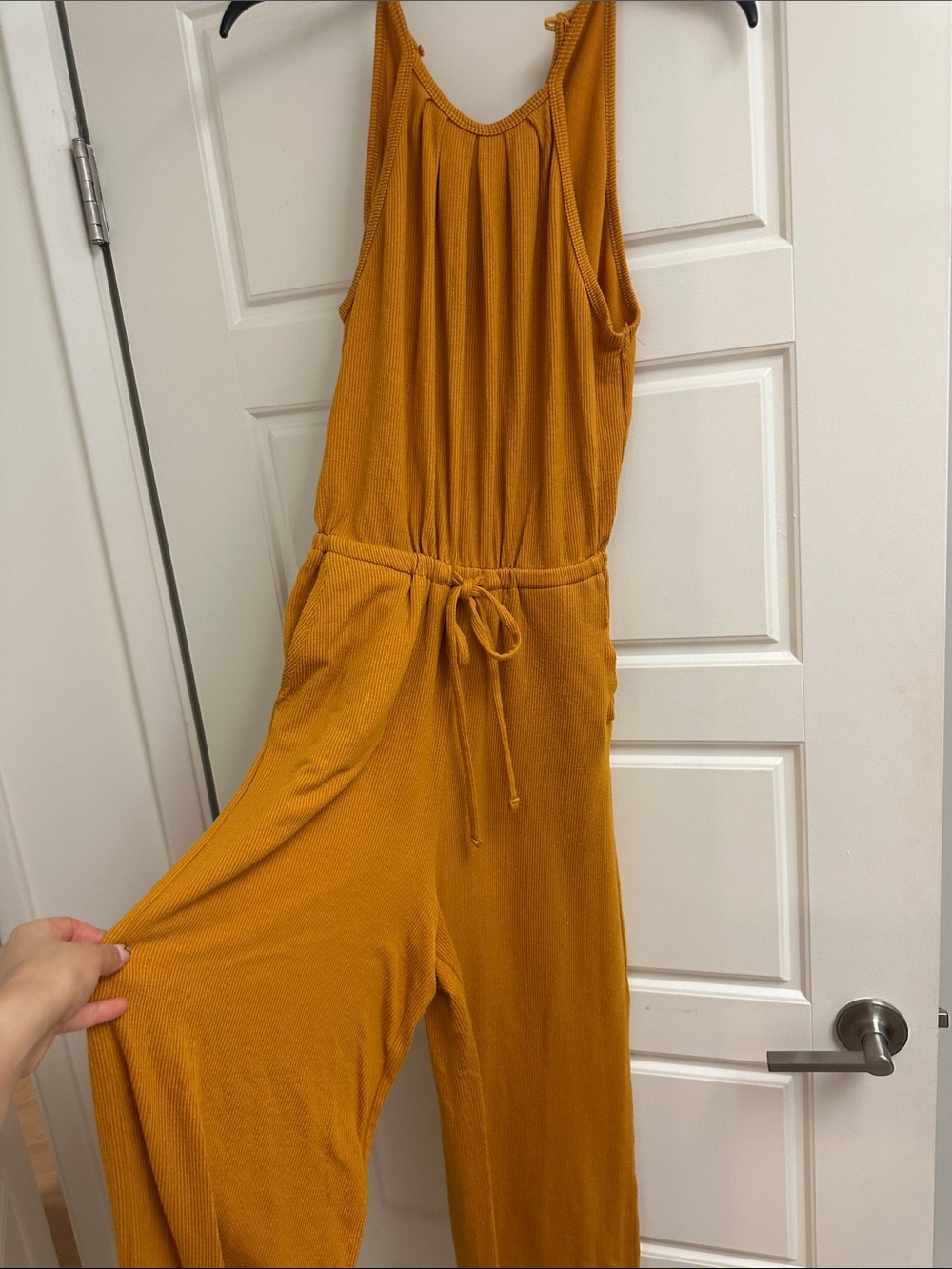 Women’s Mustard Wide-Leg Jumpsuit - Casual Tie-Waist